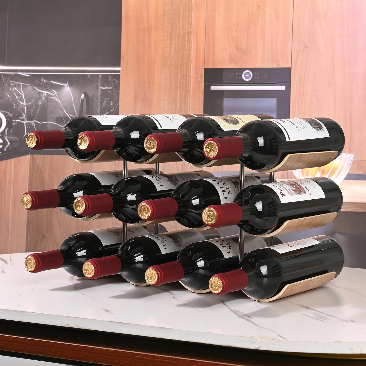 Countertop Wine Rack - 12 Bottle Freestanding Wine Bottle Holder Stand - 3 Tier Wooden Wine Storage Rack - Wavy Wine Organizer For Cabinet Pantry Home Kitchen Bar