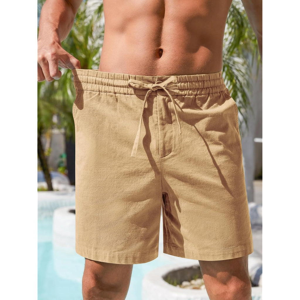 Rqp Mens Cotton Linen Shorts Casual Drawstring 7Inch Inseam Shorts Stretch Summer Beach Wear