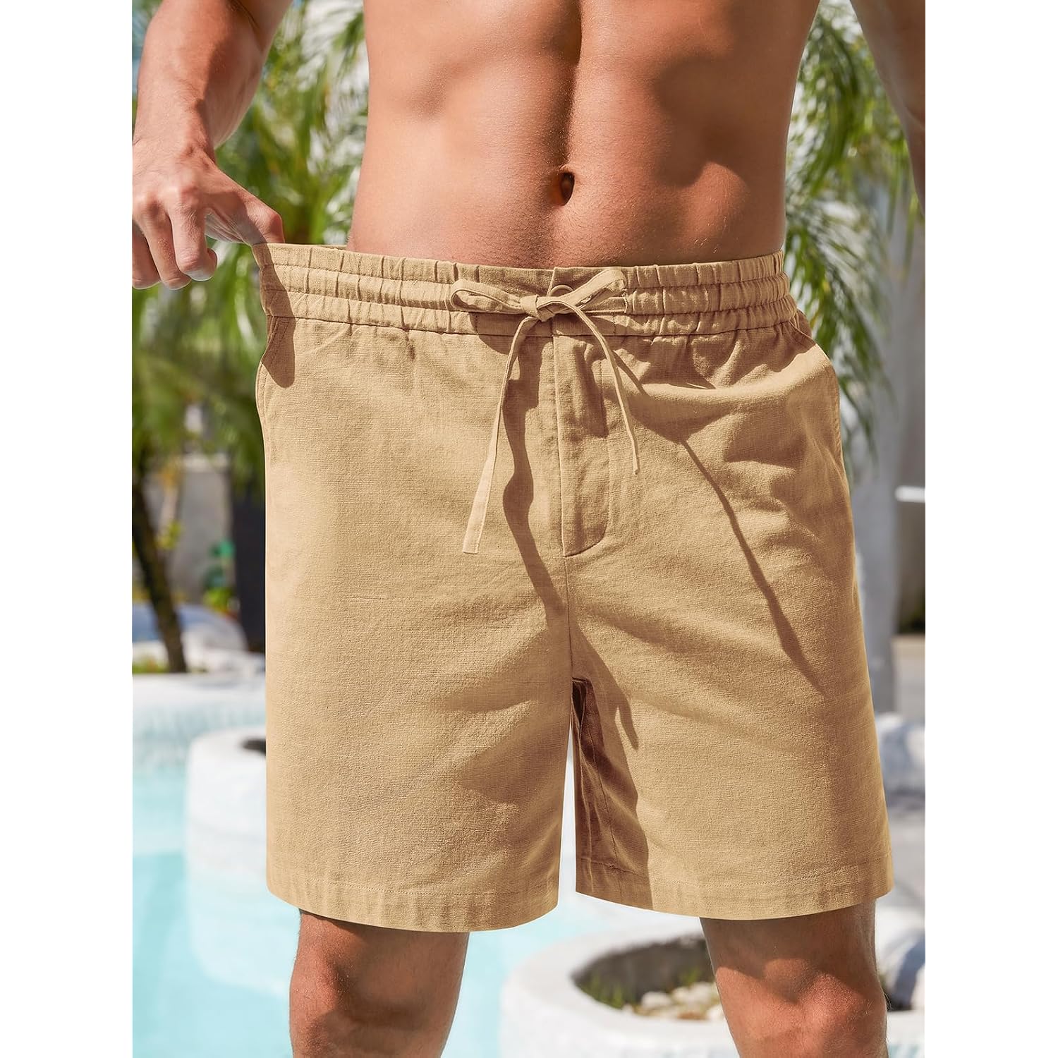 Rqp Mens Cotton Linen Shorts Casual Drawstring 7Inch Inseam Shorts Stretch Summer Beach Wear