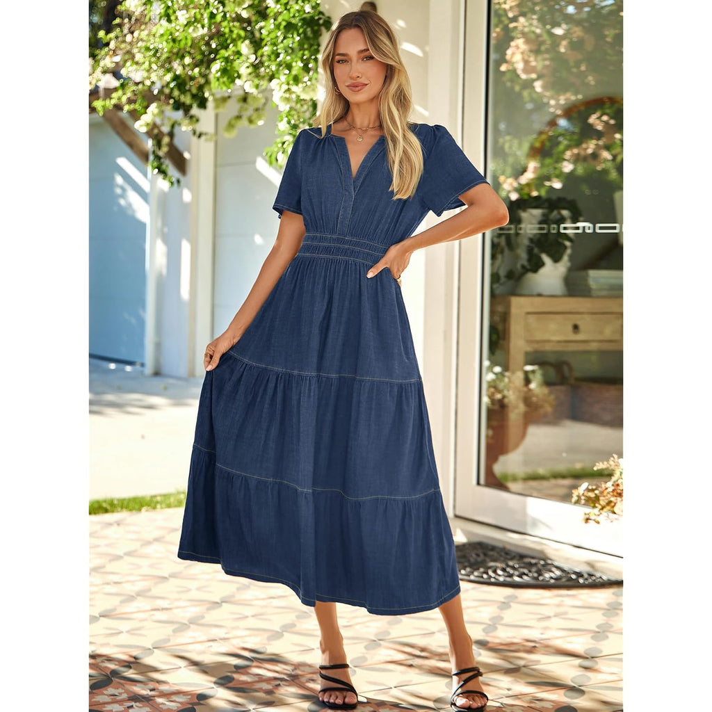 Simplee Womens Summer Denim Dress Casual Short Sleeve V Neck Empire Waist Boho Flowy Western Jean Maxi Dresses With Pockets