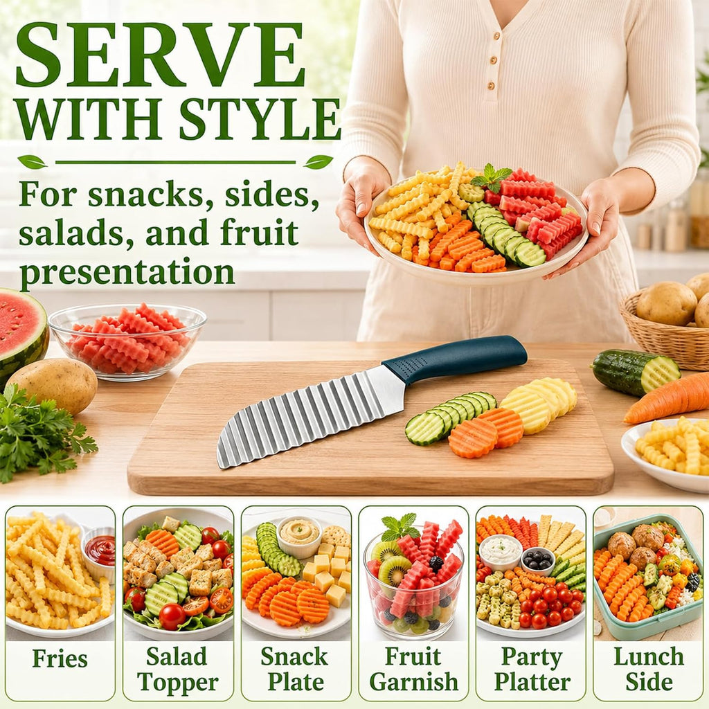 Crinkle Cut Knife, Stainless Steel Wave Cutter | Ergonomic Handle, For Veggies, Potato, French Fry, For Cucumber, Carrot, Fruit, Wave Chopper
