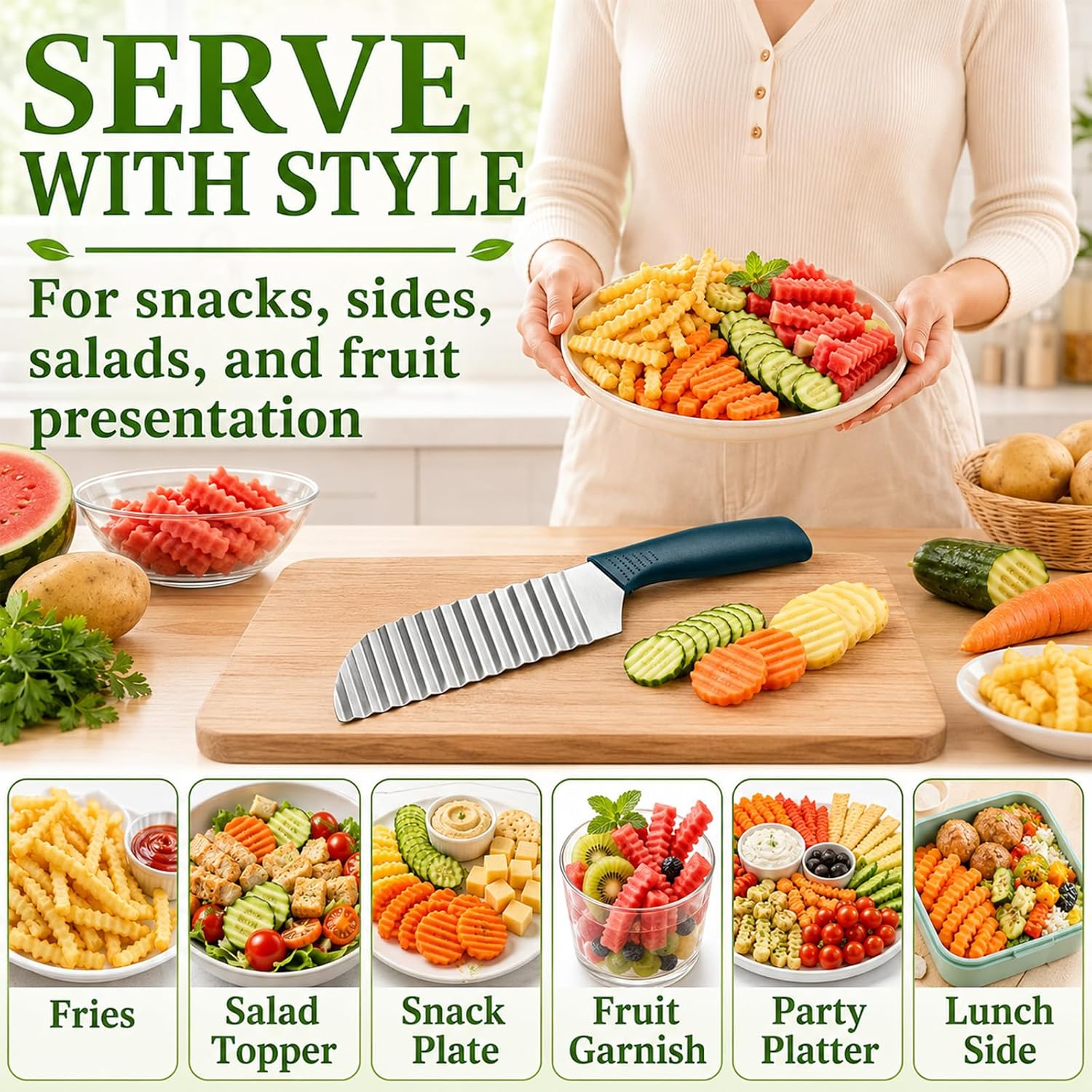 Crinkle Cut Knife, Stainless Steel Wave Cutter | Ergonomic Handle, For Veggies, Potato, French Fry, For Cucumber, Carrot, Fruit, Wave Chopper
