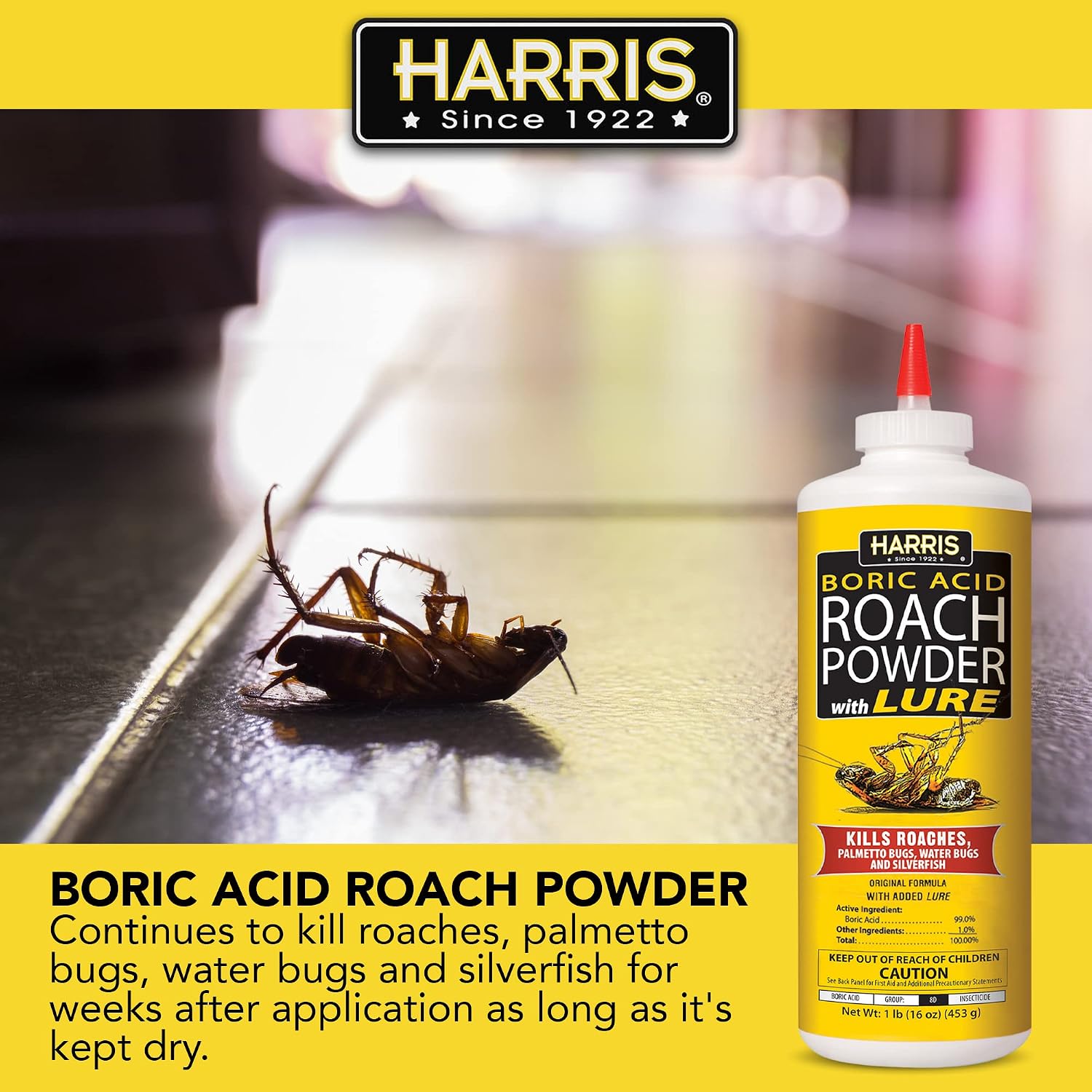Harris Boric Acid Roach And Silverfish Killer Powder W/Lure For Insects (16Oz)