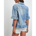 Short Sleeve Denim Jacket For Women Lightweight Blue Jean Jackets Ruffle Sleeve Denim Shirt Summer Top