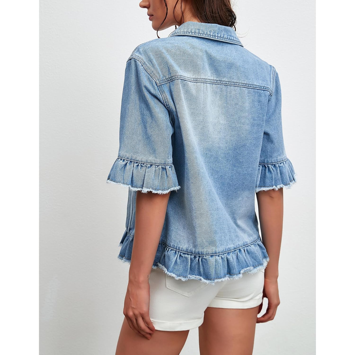 Short Sleeve Denim Jacket For Women Lightweight Blue Jean Jackets Ruffle Sleeve Denim Shirt Summer Top