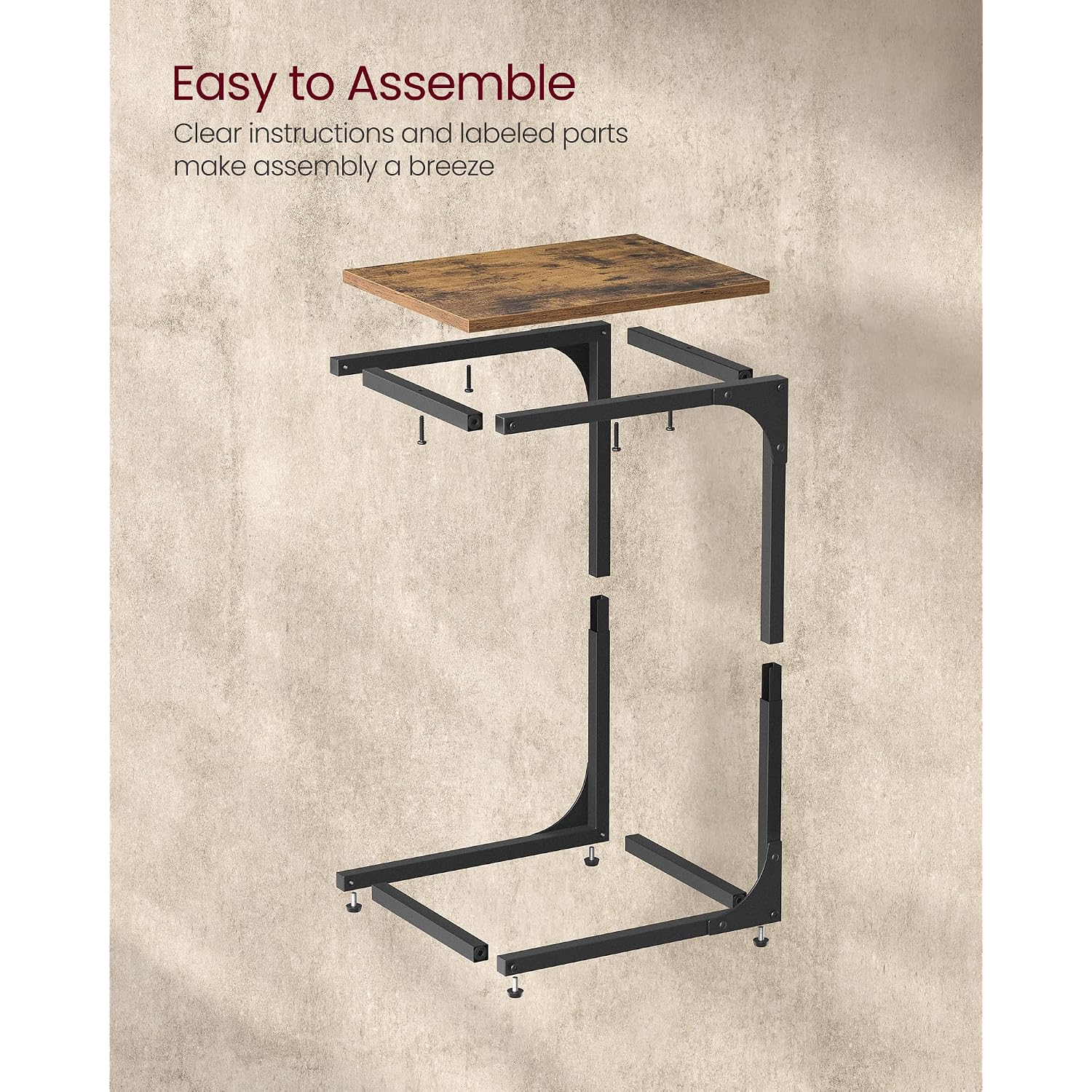 Vasagle C-Shaped End Table, Small Side Table For Couch, Sofa Table With Metal Frame For Living Room, Bedroom, Bedside, Rustic Brown And Black