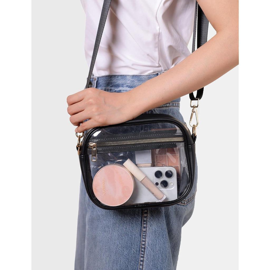 Fibrdoo Clear Bag Stadium Approved, Leather Clear Crossbody Purse Bag for Concerts Sports Events Festivals
