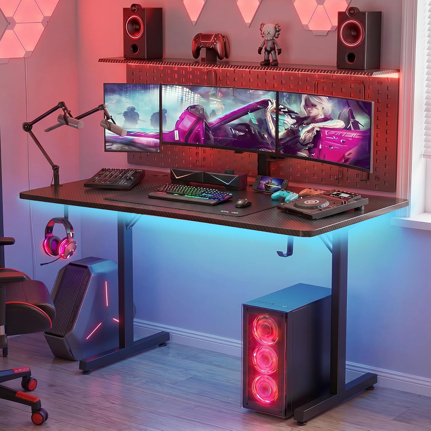 Gtplayer 55 Inch Gaming Desk With Led Lights, Large Computer Desk With Mouse Pad For Home Office, T-Shaped Carbon Fibre Surface Pc Game Workstations With Headphone Hook