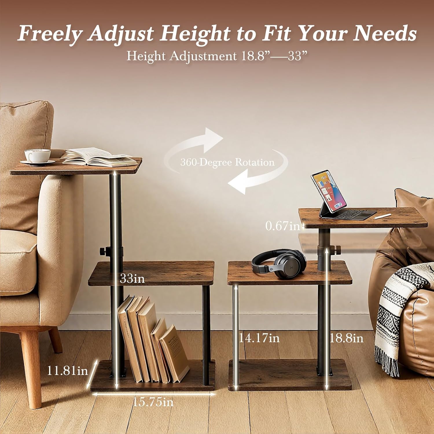360° Swivel Side Table For Height Adjustable, C Shaped End Table For Couch With Storage, 3-Tier Night Stand With Open Shelf, Tv Tray For Small Spaces, Living Room, Bedroom, Rustic Brown