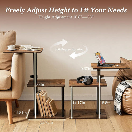 360° Swivel Side Table For Height Adjustable, C Shaped End Table For Couch With Storage, 3-Tier Night Stand With Open Shelf, Tv Tray For Small Spaces, Living Room, Bedroom, Rustic Brown