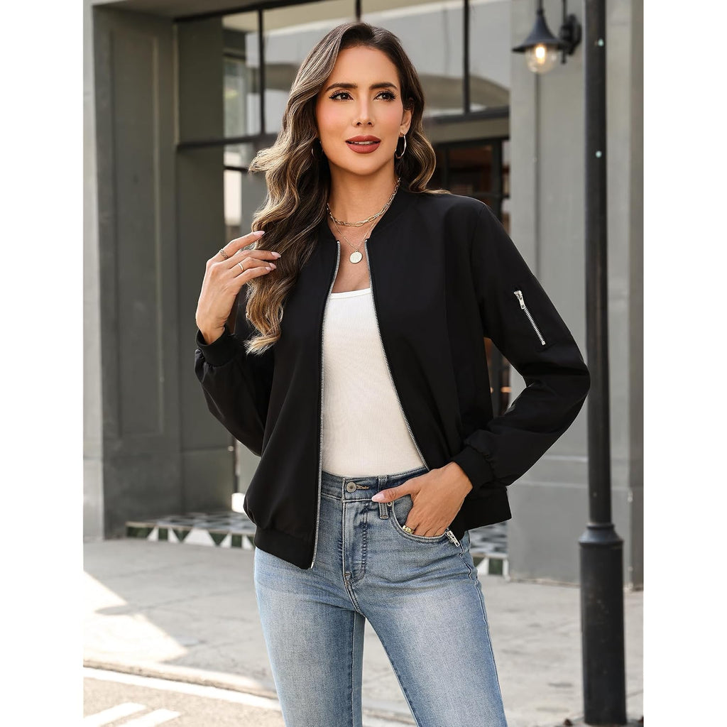 Hotouch Women Casual Jacket Lightweight Long Sleeve Zip Up Coat Trendy Work Clothes With Pockets