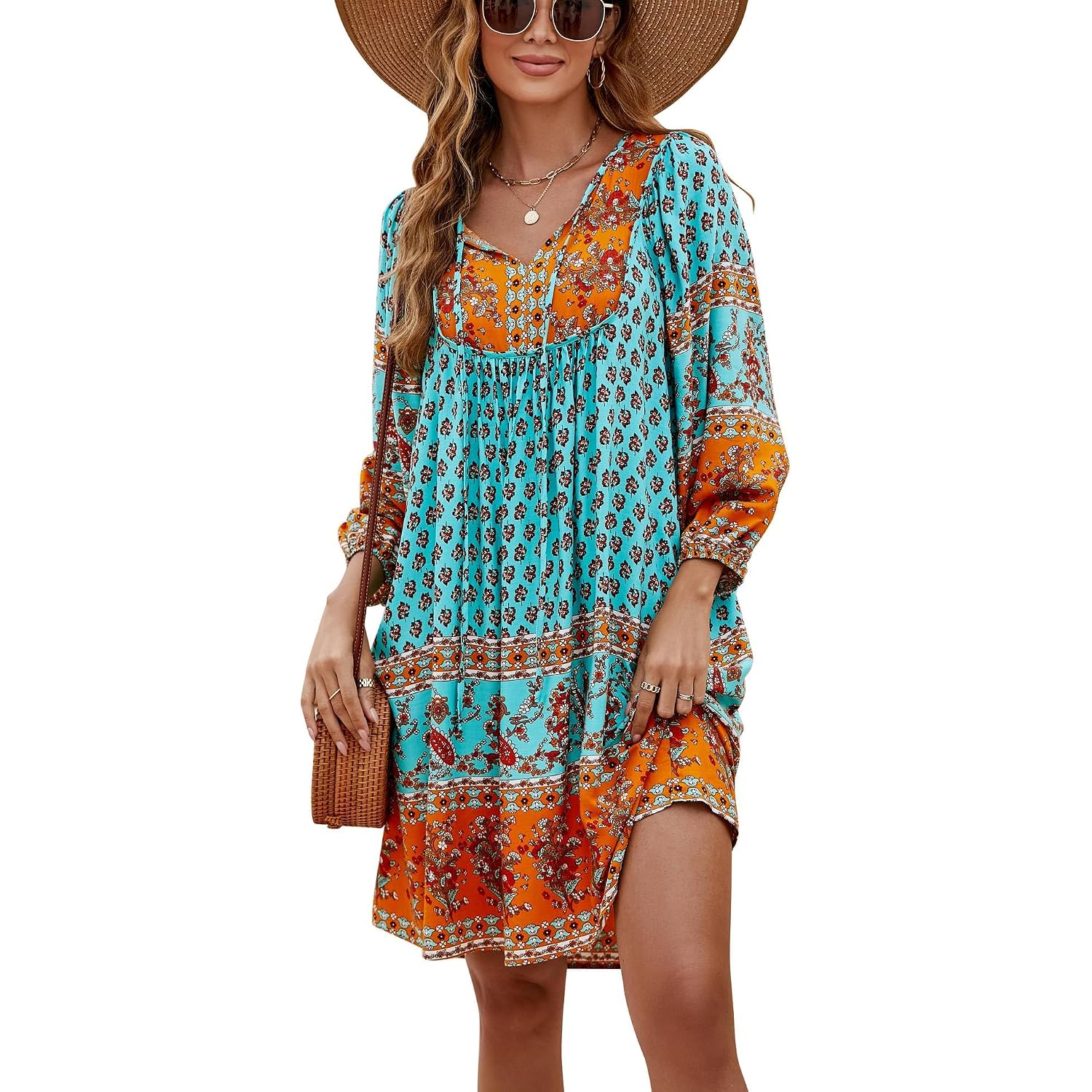 Bluetime Women Casual Summer Dress Boho V Neck 3/4 Sleeve Babydoll Floral Print Flowy Beach Dress