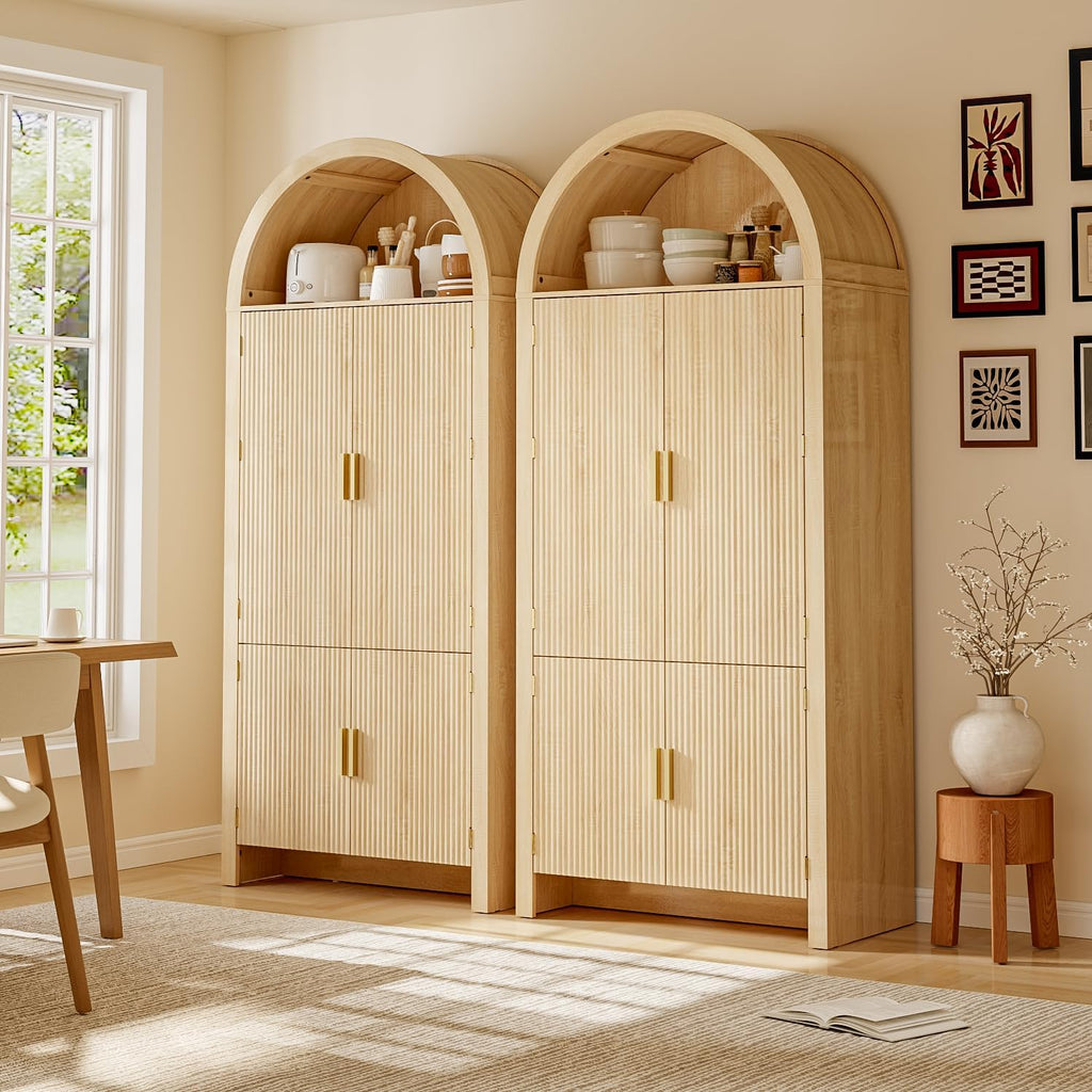 71" Arched Kitchen Pantry Cabinet, Fluted Wood Storage With 3 Adjustable Shelves & 6 Door Shelves, Modern Organizer For Kitchen, Bathroom, Natural Wood Finish (Wood)
