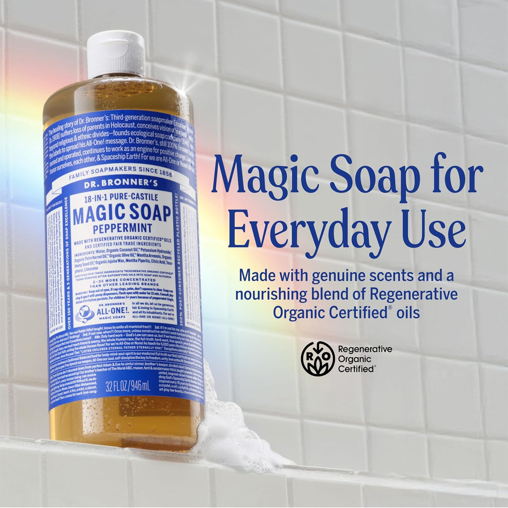 Dr. Bronner'S Pure-Castile Magic Liquid Soap - Made With Regenerative Organic Certified Oils- 18-In-1 Uses For Face, Body, Hand, Hair, Laundry & More- Vegan, Non-Gmo- Body Wash- Peppermint,32Oz