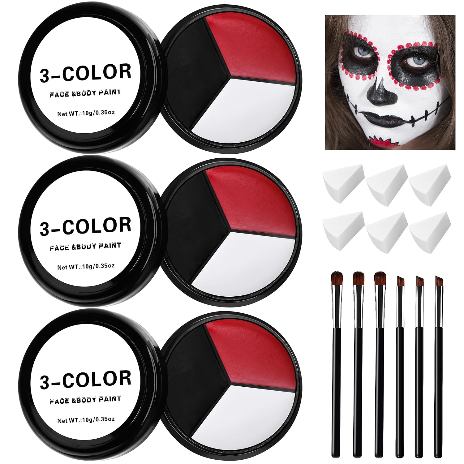 3 Set Black White Red Face Body Paint,3 Colors Clown Makeup Kit With Sponge And Brush,Joker Face Body Paint For Halloween Cosplay,Special Effect Makeup And Costume-Themed Party