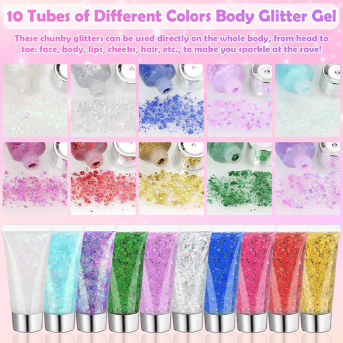 10 Colors Body Face Glitter Gel for Skin and Hair, Makeup Sparkles Rave Accessories for Festival Outfits, Mermaid Decorations, Disco Cowgirl, Mardi Gras