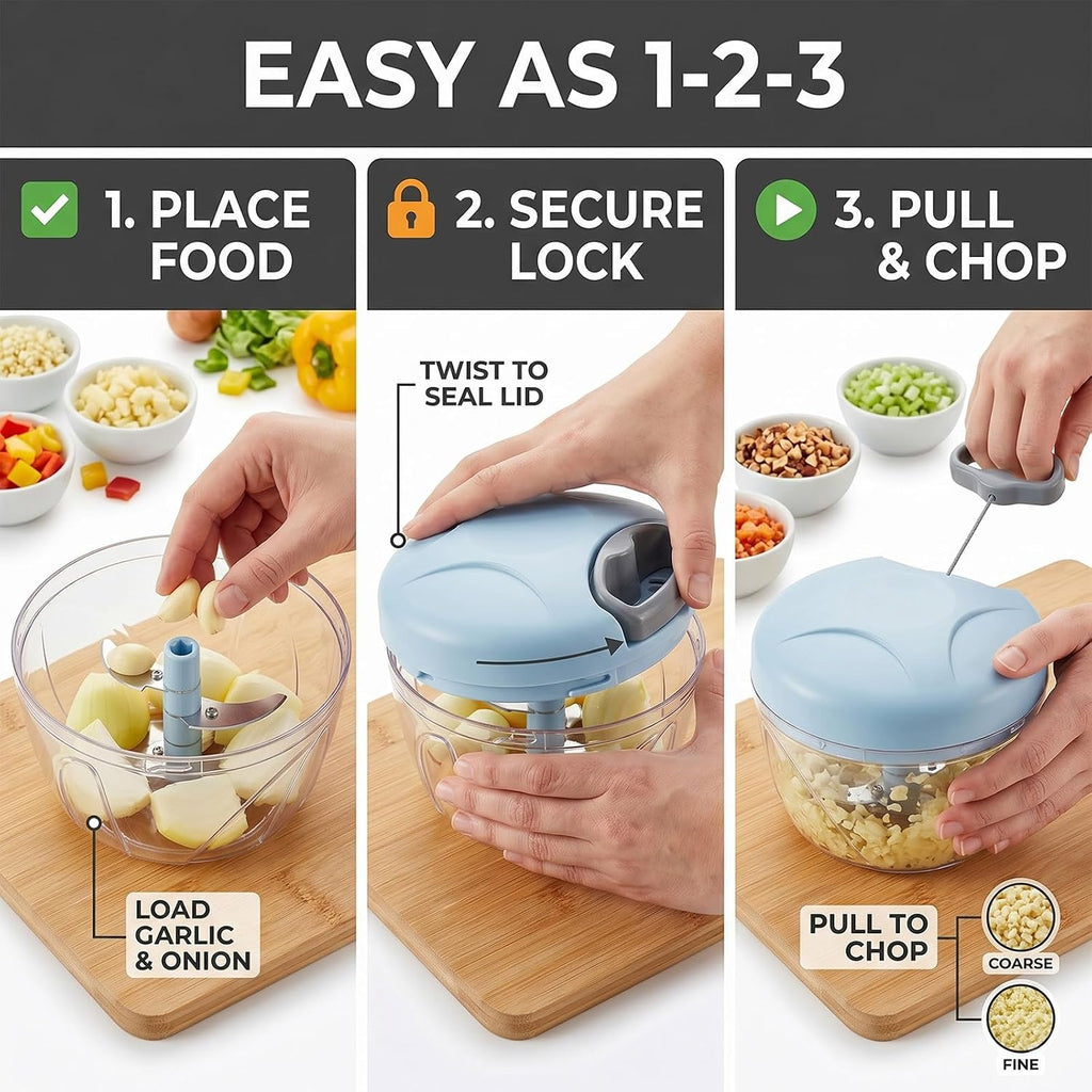 Manual Food Processor, Hand Pull Vegetable And Herb Chopper, Easy Use Bpa Free Manual Cutter For Quick Prep For Ginger Fruits Garlic Nuts Onion, Blue