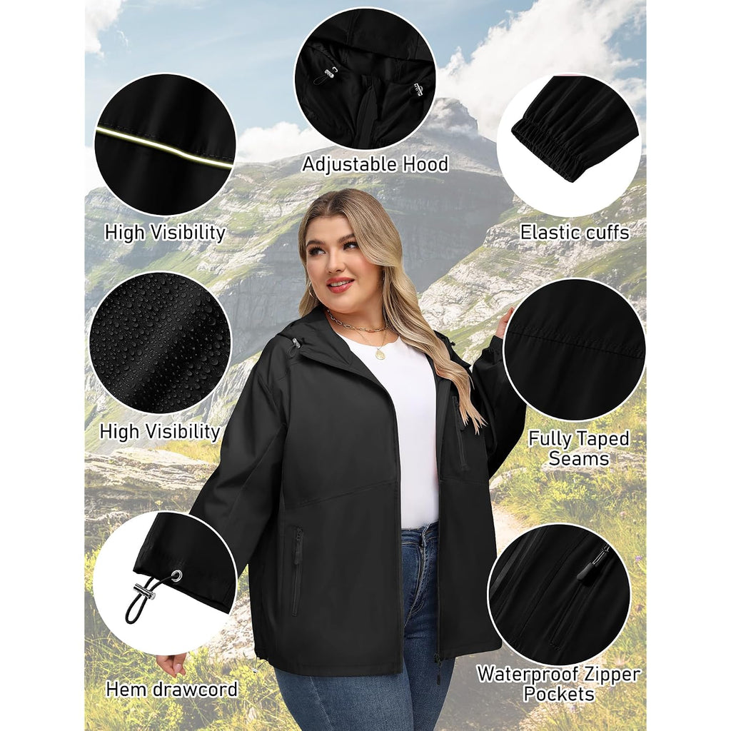 Plus Size Womens Rain Jacket With Hood Waterproof Raincoats Lightweight Packable Outdoor Trench Coat Xl-5Xl