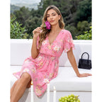 Womens Summer Ruffle Short Sleeve Dress V Neck Flowy Chiffon Layers Boho Dresses