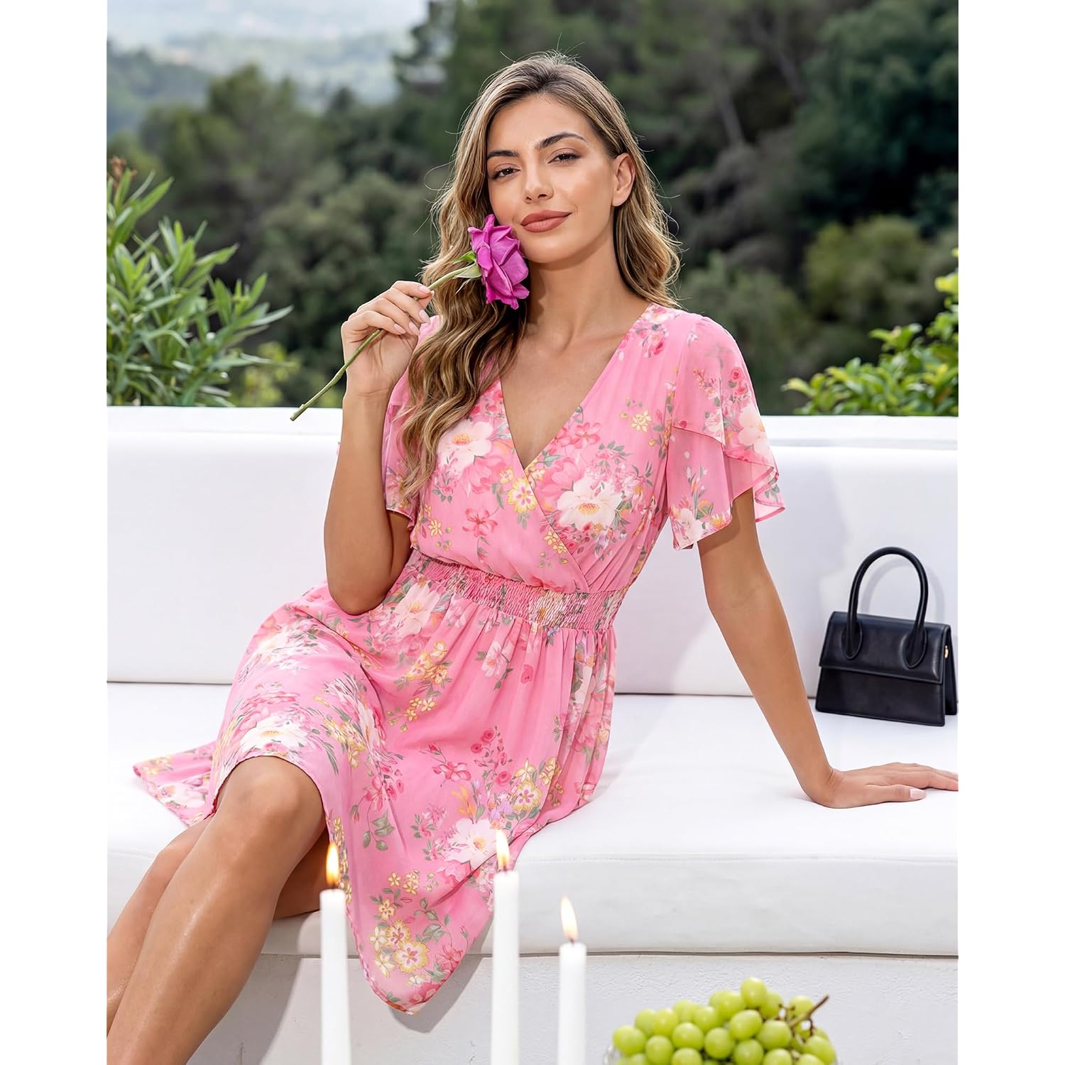 Womens Summer Ruffle Short Sleeve Dress V Neck Flowy Chiffon Layers Boho Dresses