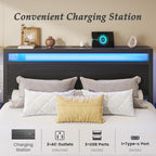 Hisoft Queen Bed Frame With Storage, Wood Headboard With Fast Charging Station, Led Lights, Platform Bed Frame Queen Size, Fabric Drawers With Wheels, No Box Spring Needed, Noise Free, Black