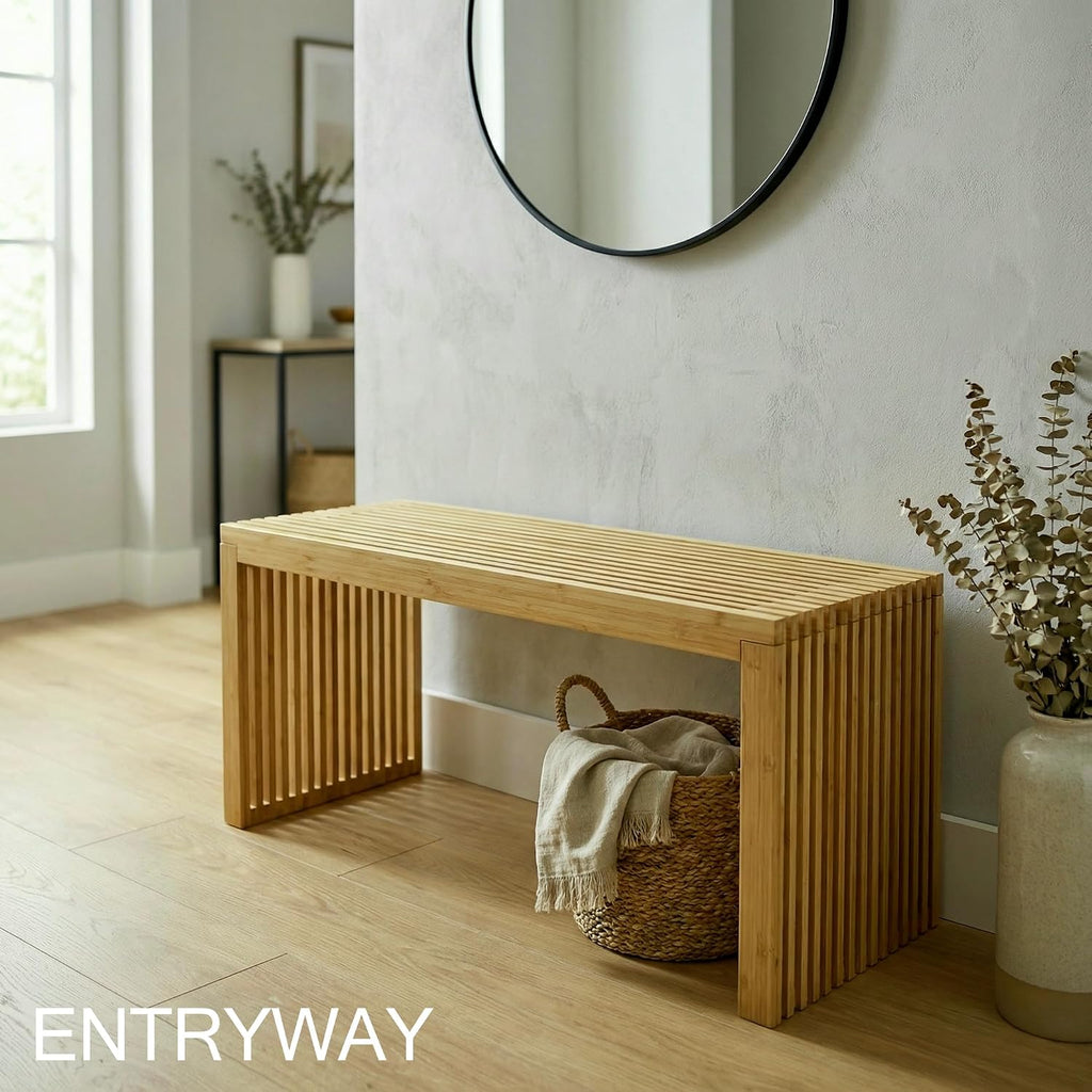 Bamboo Natural 36 Inch Wooden Bench, Small Wood Benches For Entryway, Living & Dining Room, Kitchen, Bedroom, Bathroom, Hallway, Front Door, For Indoor & Outdoor Patio Use, Mid Century Modern Decor