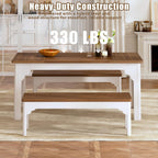 63" Farmhouse Dining Table Set For 4-6, Kitchen Table With 2 Benches, Space Saving 3-Piece Rectangle Wooden Dinette Table Set For Dining Room, Breakfast Nook, Small Space, Brown & White