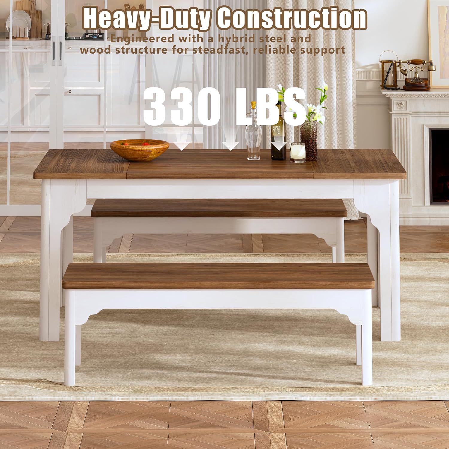 63" Farmhouse Dining Table Set For 4-6, Kitchen Table With 2 Benches, Space Saving 3-Piece Rectangle Wooden Dinette Table Set For Dining Room, Breakfast Nook, Small Space, Brown & White