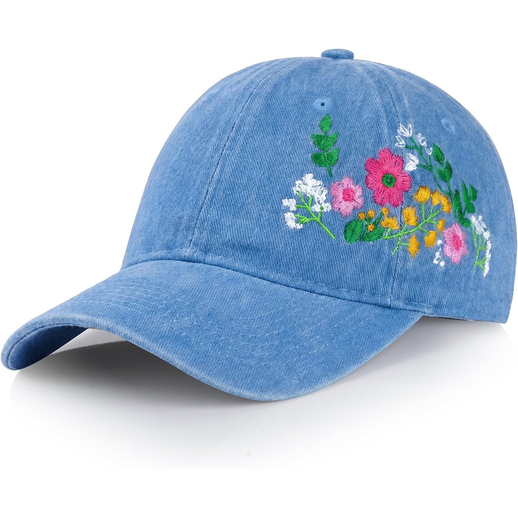 HOVEOX Flower Baseball Cap Embroidered Hat Baseball Cap Women's Hats Trendy Embroided Flower Gift for Woman Blue