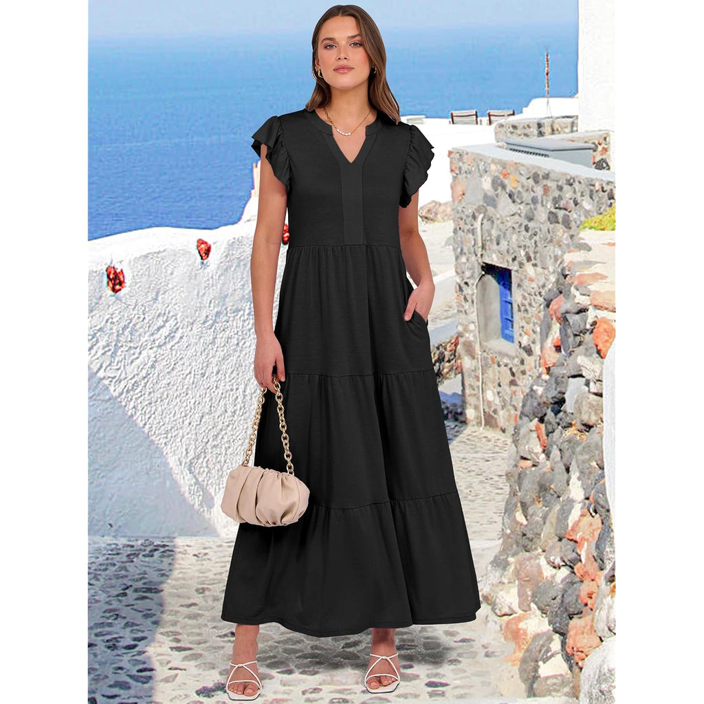 Anrabess Womens Soft Maxi Dresses, Comfy Flowy Tiered Boho Regular Sundress, Summer Casual Wear For Vacation, Beach & Travel