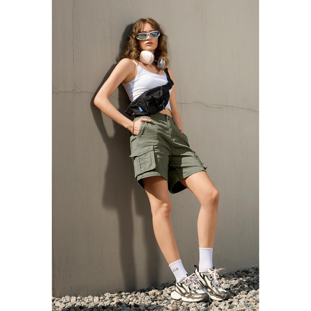 Bermuda Shorts for Women Cargo Shorts Knee Length 6 Pockets Elastic Waist Long Shorts for Summer Casual