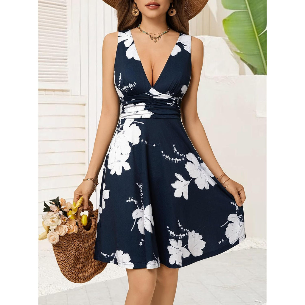 Ourin Women'S Spring Deep V Neck Sleeveless Floral Sundresses With Pockets Flowy Summer Dresses For Women