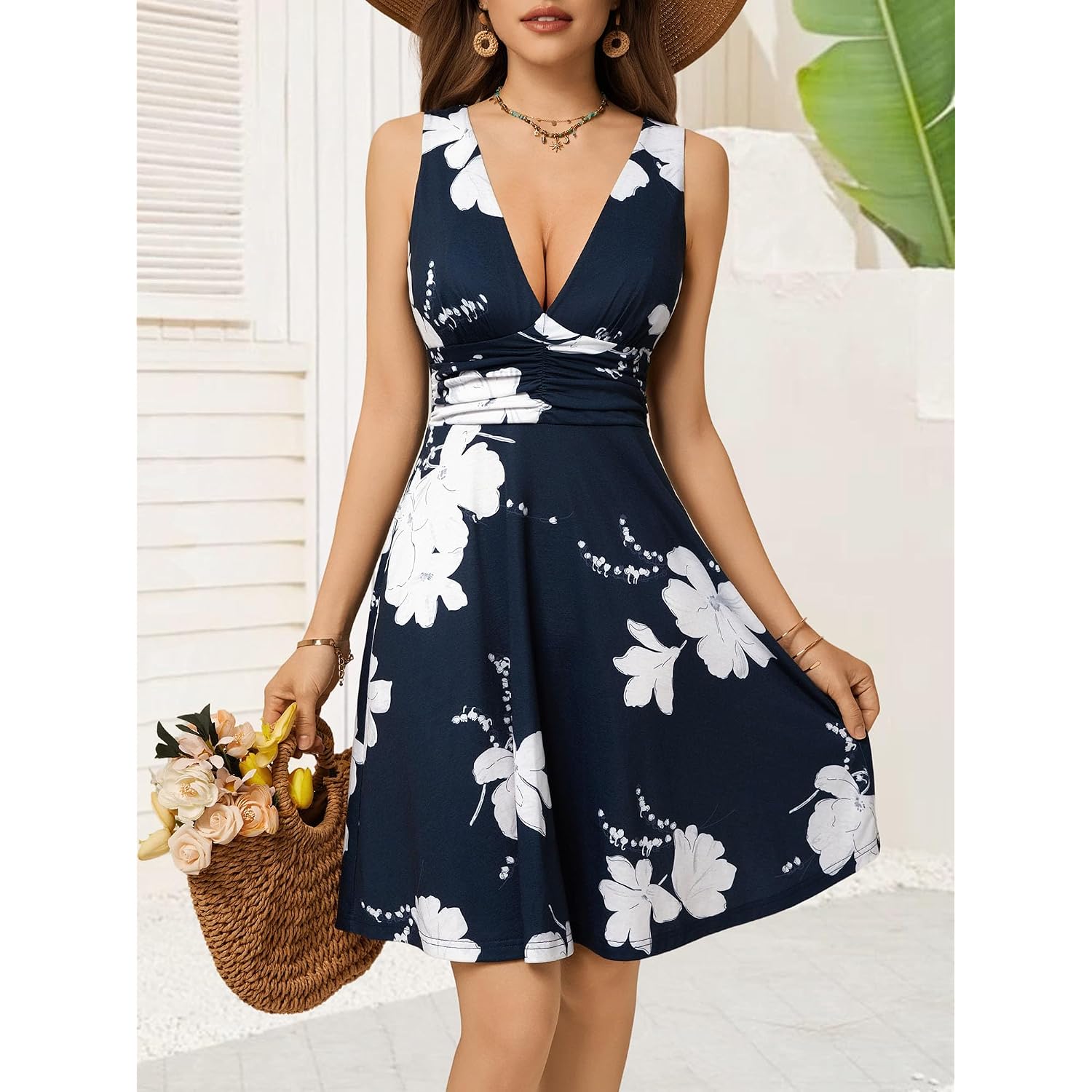 Ourin Women'S Spring Deep V Neck Sleeveless Floral Sundresses With Pockets Flowy Summer Dresses For Women