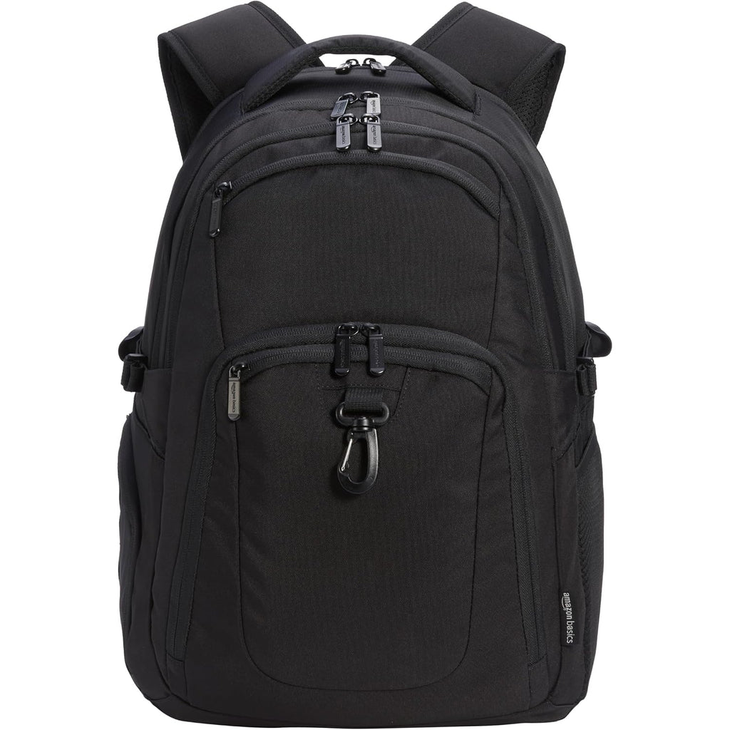Amazon Basics Travel Laptop Backpack With Multiple Pockets And Compartments For 17 In / 43.1 Cm Laptop, Water Resistant, Spacious With Padded Shoulder Straps, Black