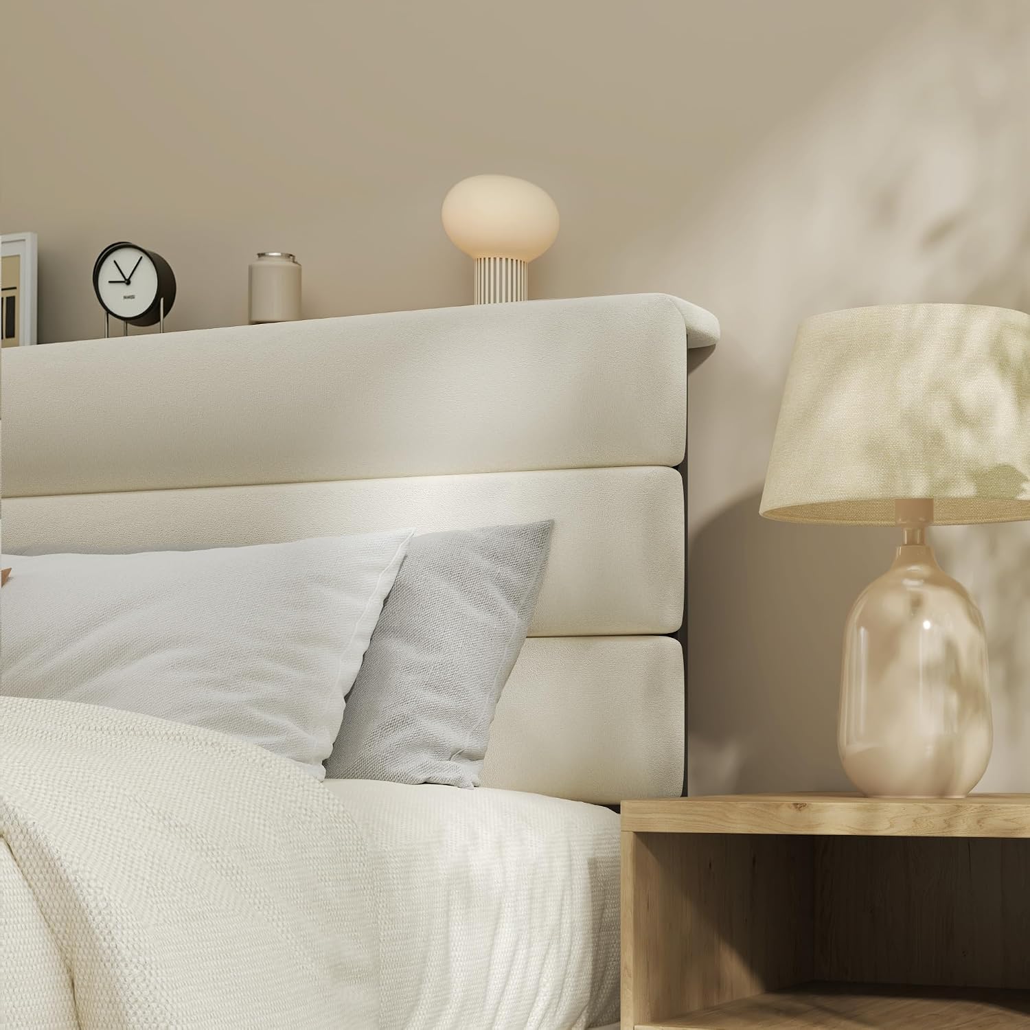 Queen Bed Frame, Platform Bed Frame With Velvet Upholstered Headboard, No Box Spring Needed, Sturdy Metal Support, Noise Free, Easy Assembly, Modern Bedroom Furniture, Beige
