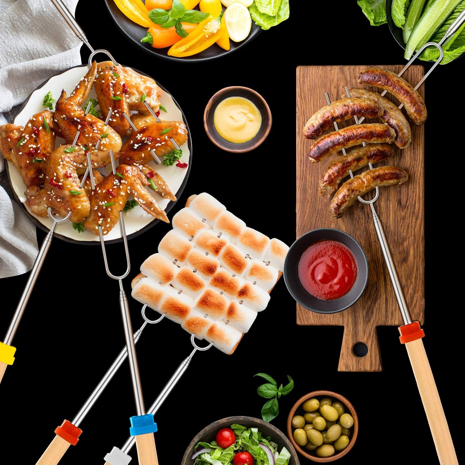 Marshmallow Roasting Sticks, Telescoping Smores Sticks For Open Fire Pit | 32 Inch Long Marshmallow Toasting Barbecue Forks S' Mores Skewers For Campfire Camping Hotdog Hot Dog Bonfire Grill, 5 Pack