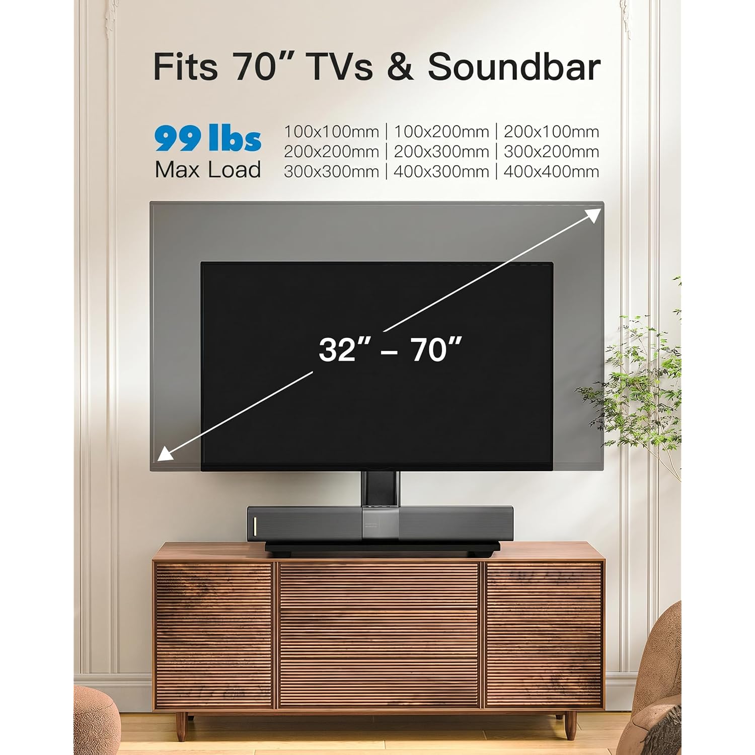 PERLESMITH Universal TV Stand Legs for 32-70 inch TVs, Table Top TV Stand up to 99 lbs, Height Adjustable Television TV Mount, Universal TV Base for Livingroom & Bedroom, VESA 400x400mm PSTVS04-N2