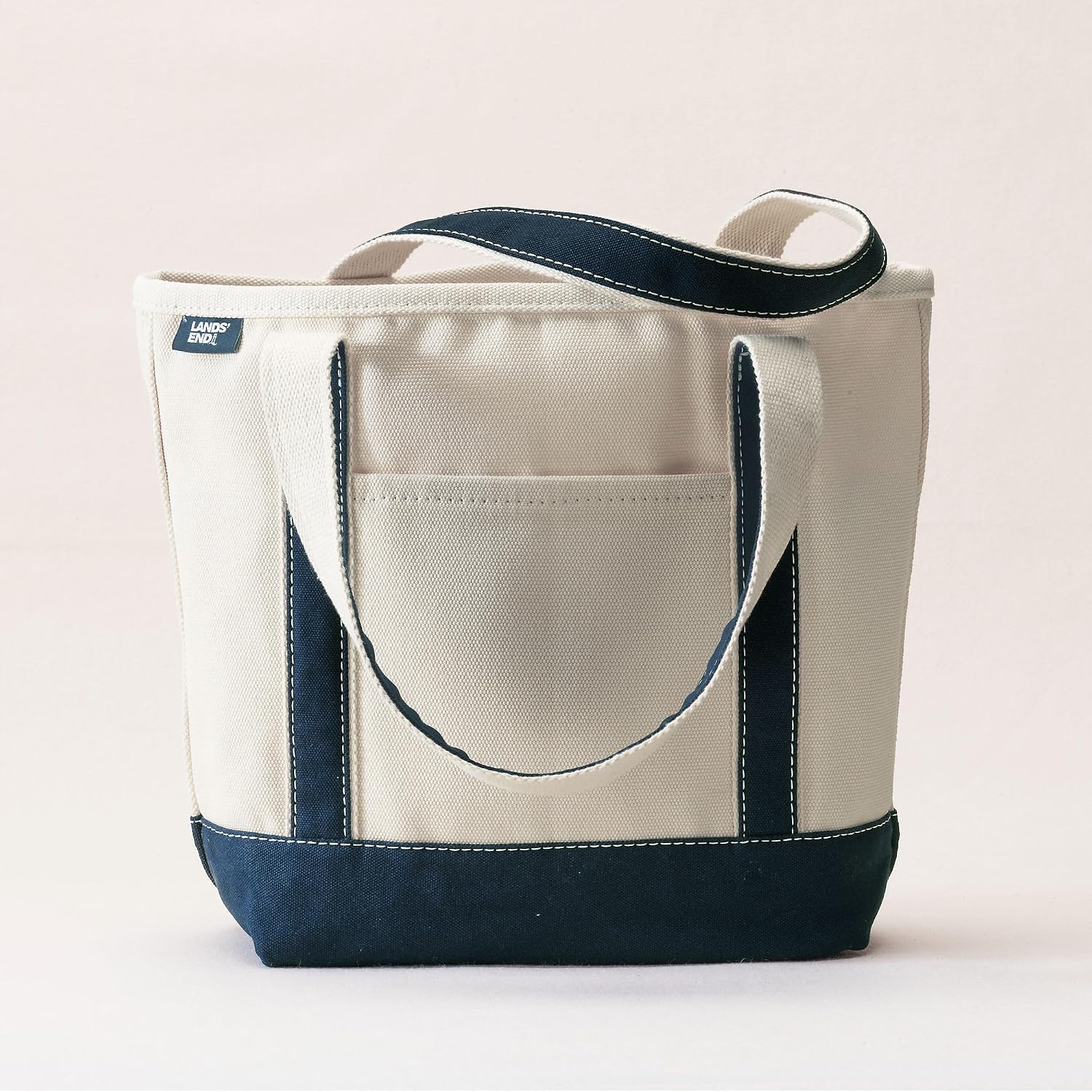 Lands' End Natural Open Top Canvas Tote Natural/Radiant Navy Medium Regular Handle