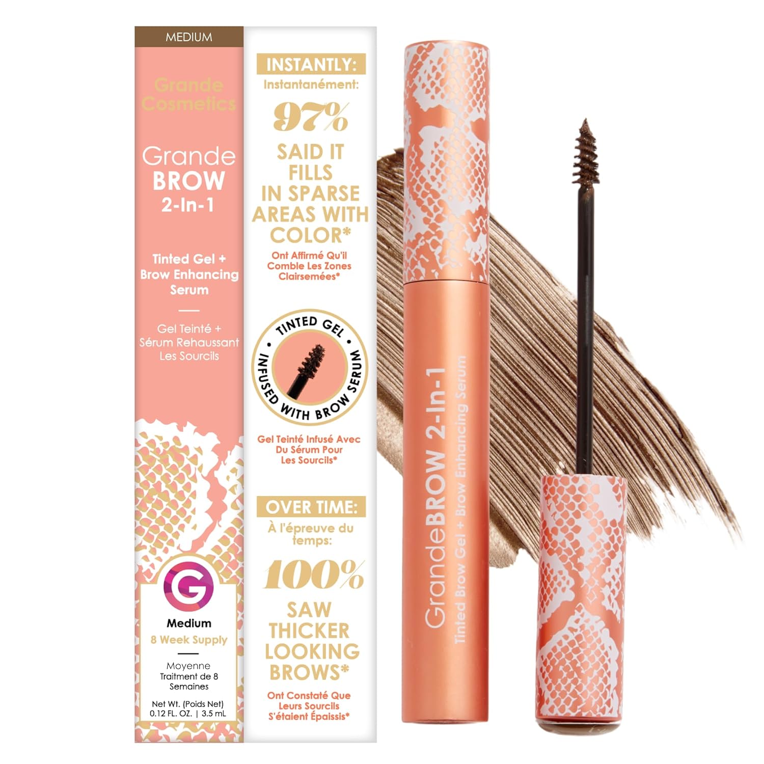 Grande Cosmetics GrandeBROW 2-in-1 Tinted Brow Gel + Brow Enhancing Serum for Thicker & Darker-Looking Eyebrows, Shape & Fill Brows, Long Wear, with Castor Oil & Mini Fibers