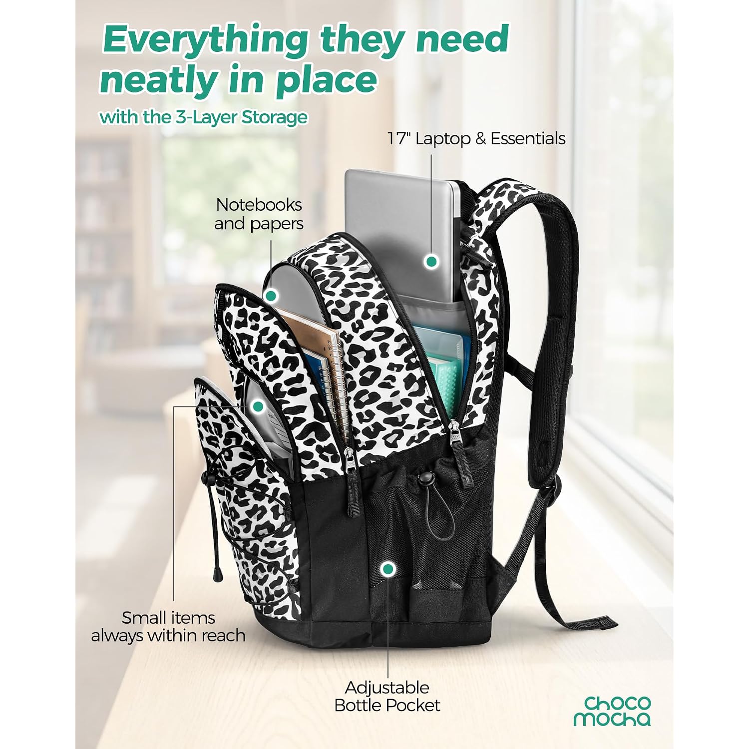 Snow Leopard Backpack For Teen Girls, Travel School Backpack For Girls Middle School Large Bookbag 18 Inch, Black