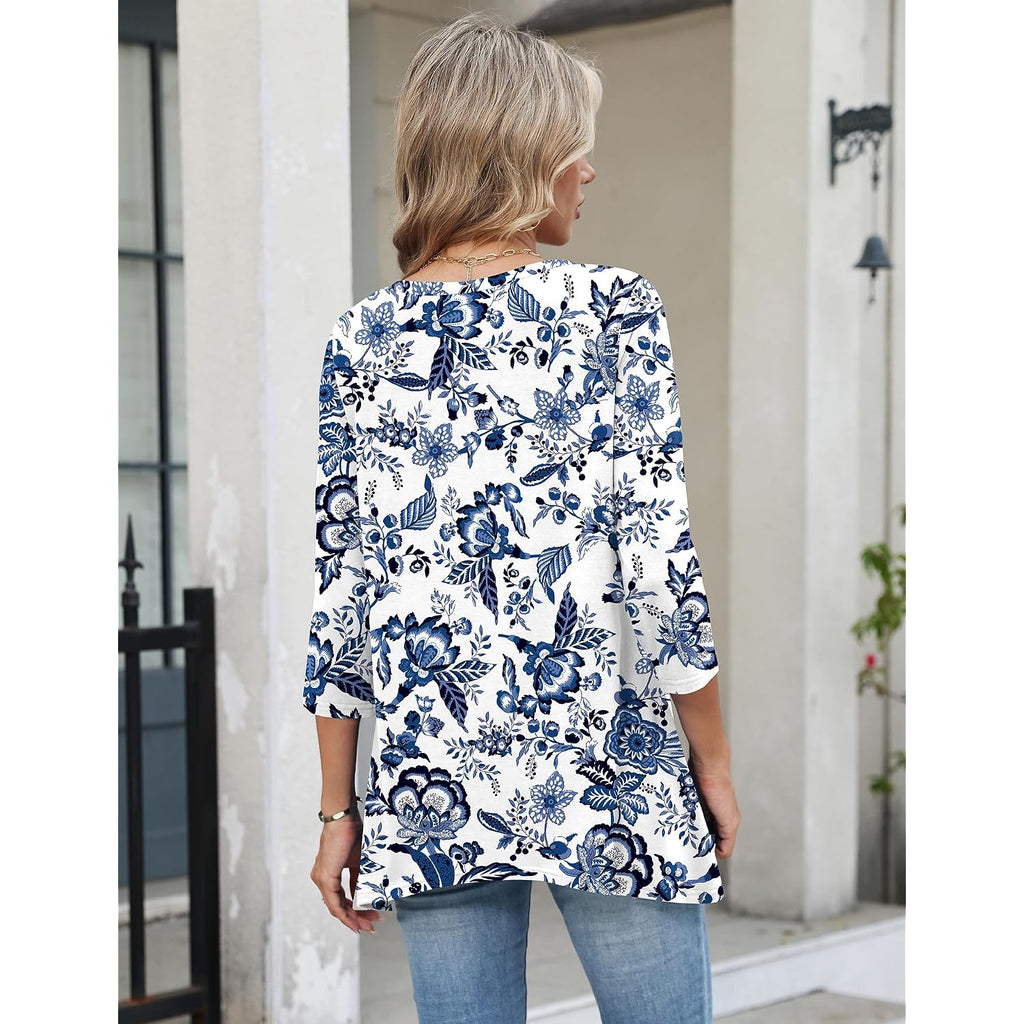 3/4 Length Sleeve Womens Tops V Neck Loose Fit Dressy Casual Blouse Flowy Shirts Plus Size Womens Clothing S-3XL