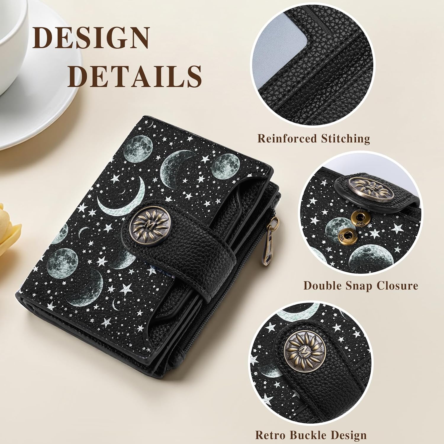 Celestial Moon Small Rfid Wallet Women, Pu Leather Bifold Zipper Coin Pocket Compact Cash Credit Card Holder Purse, Cute Travel Wallet For Female Ladies Teen Girls, 4 Id Window 14 Card Slots
