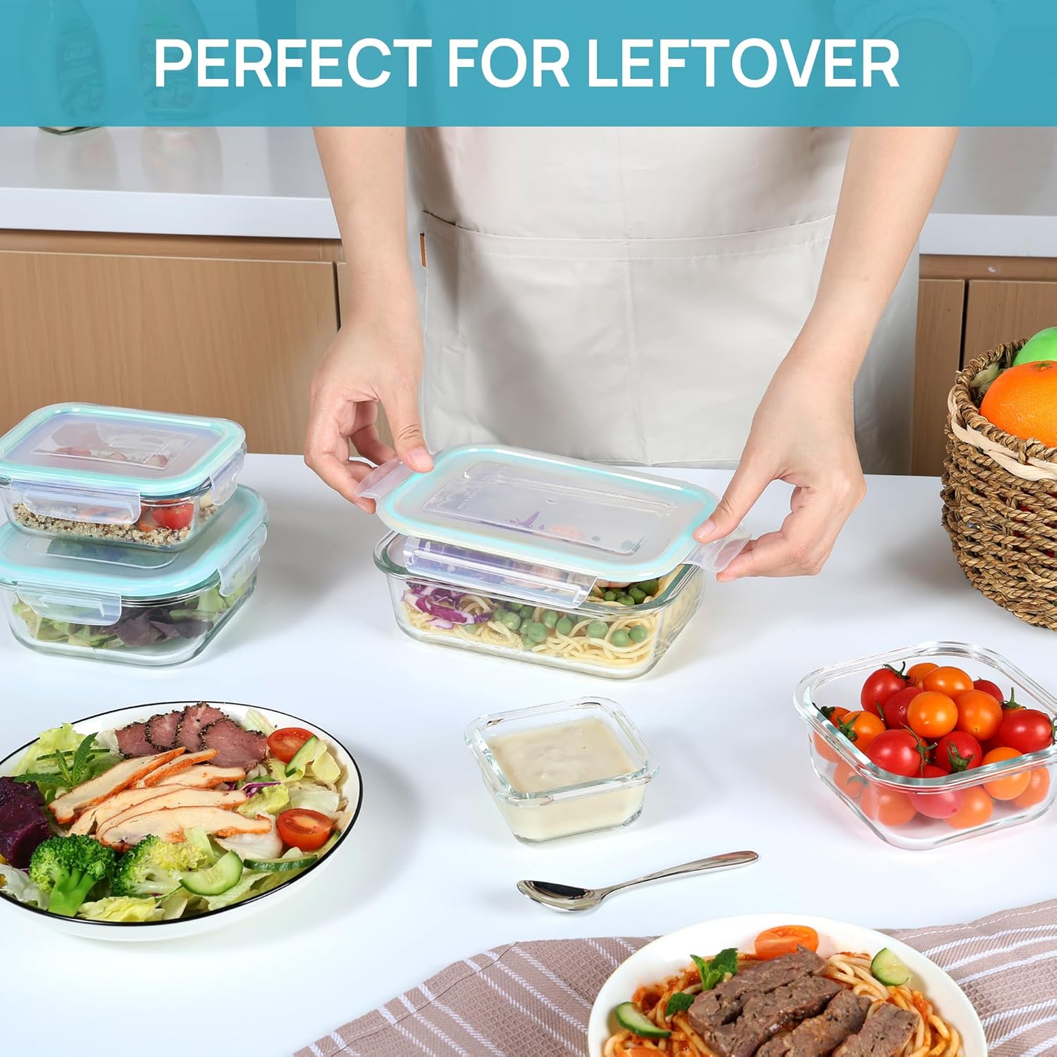 Vtopmart 8 Pack Glass Food Storage Containers with Airtight Lids, Glass Meal Prep Containers, Lunch Office Meal for Microwave, Oven, Freezer and Dishwasher, BPA Free