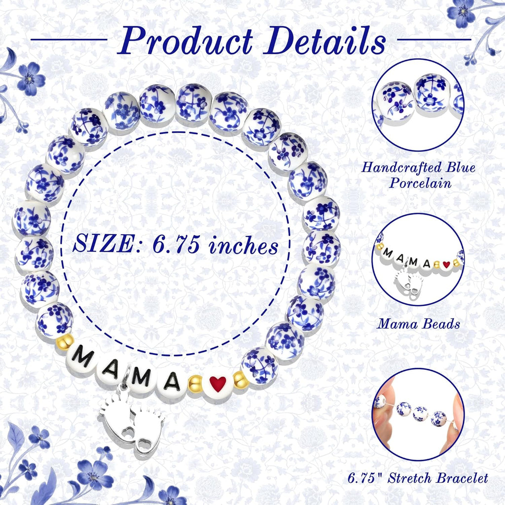 Sereney Mothers Day Gifts for Grandma/New Mom, Nana/New Mama/Mimi/Gigi Bracelets for Women as First Mothers Day Gifts for Mama Grandmother, Bule and White Porcelain Stretch Bead Bracelet for Nana Gigi Mimi