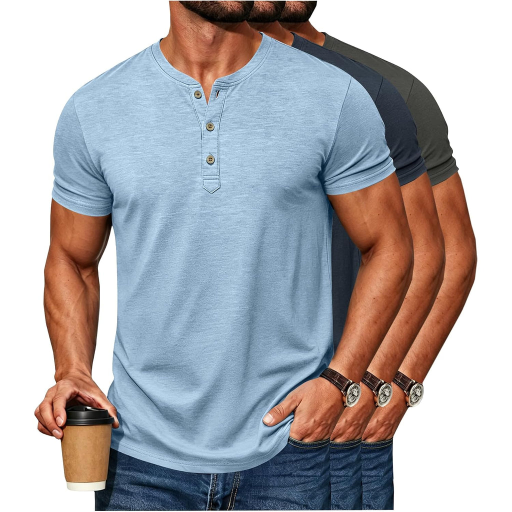 3 Pack Mens Henley Shirts Short Sleeve Casual Summer Basic Tees 3-Button Lightweight Stretch T Shirts