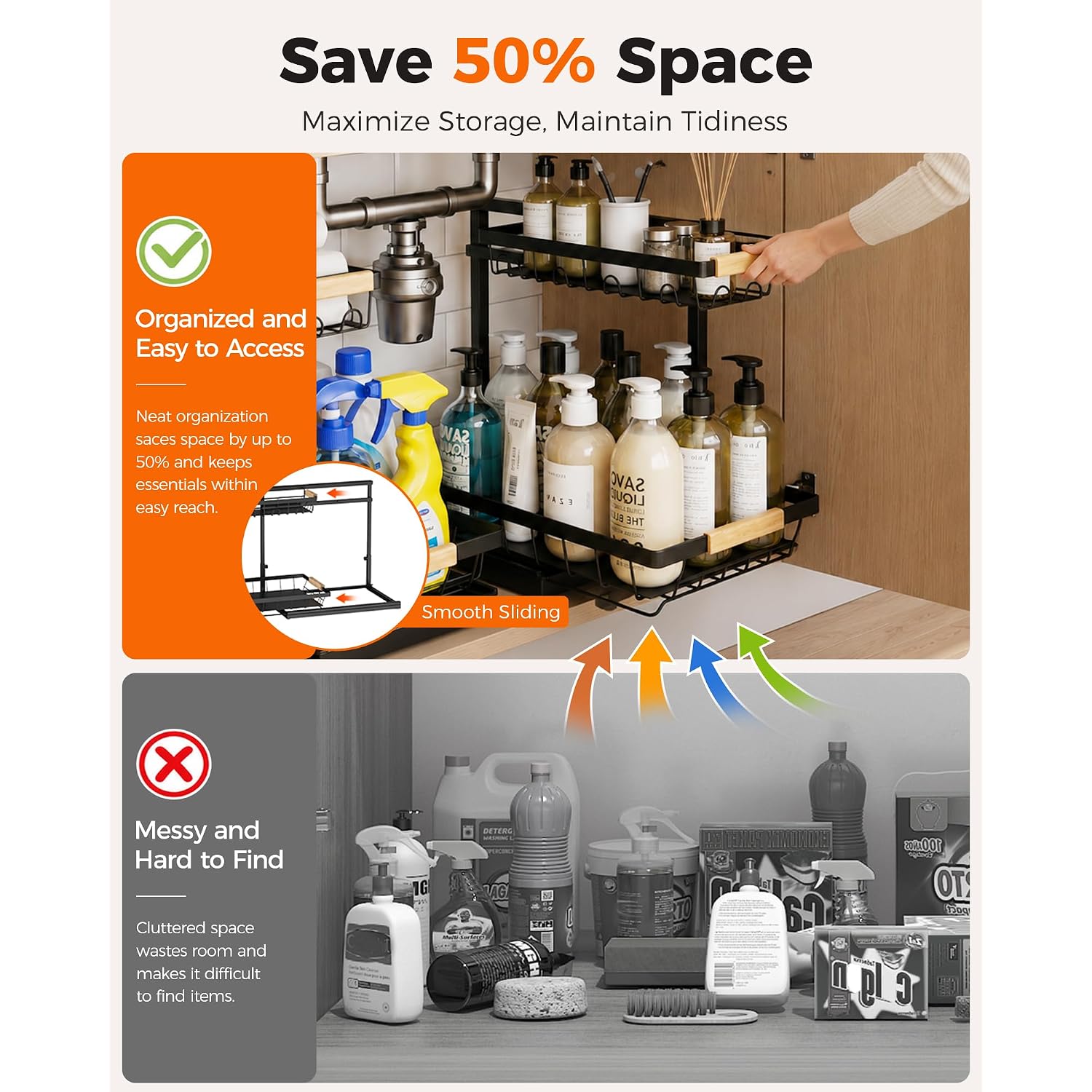2-Pack 2-Tier Height Adjustable Under Sink Organizer & Storage | Multi-Purpose Storage For Kitchen & Bathroom Cabinet. Large Black Shelf, Height Adjustable Design For Space-Saving.