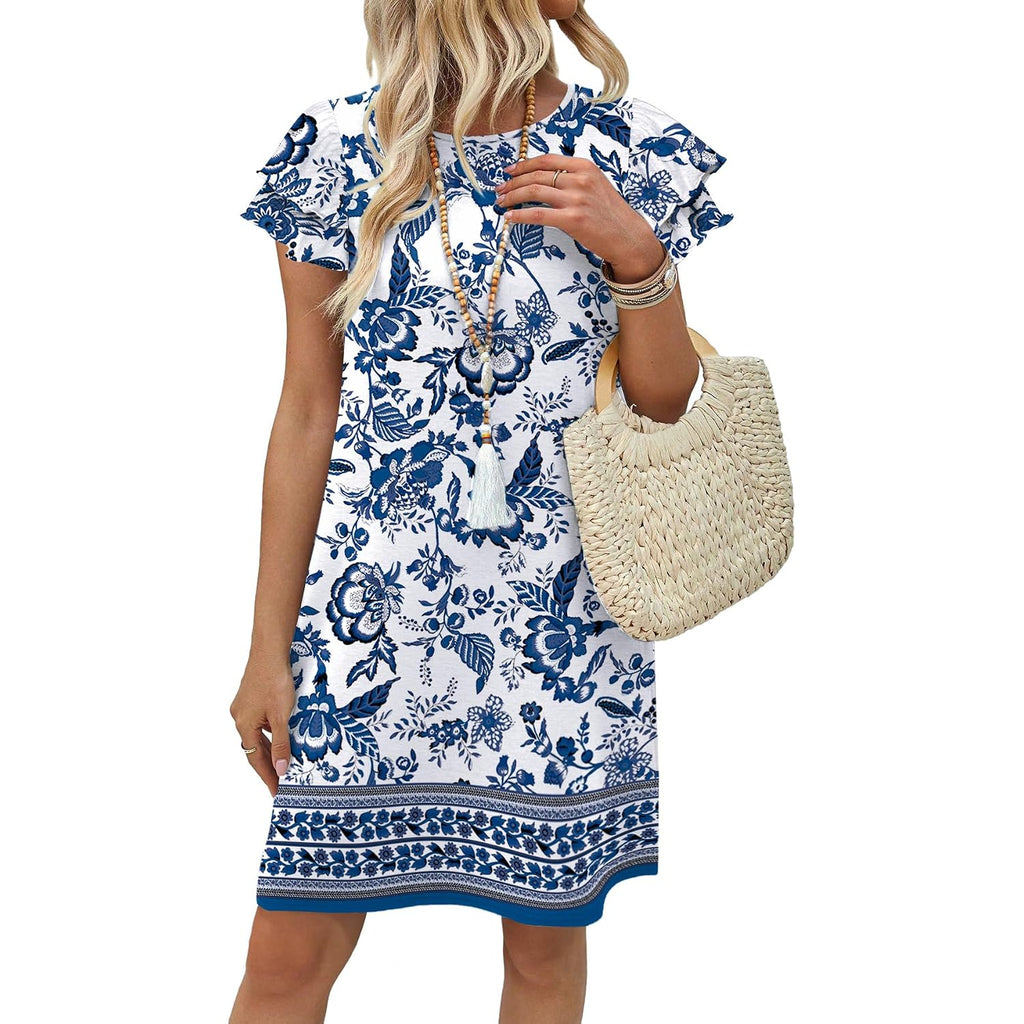 Ofeefan Womens Summer Dresses 2026 Ruffle Sleeve Round Neck Loose Swing Sundresses With Pockets Plain/Print