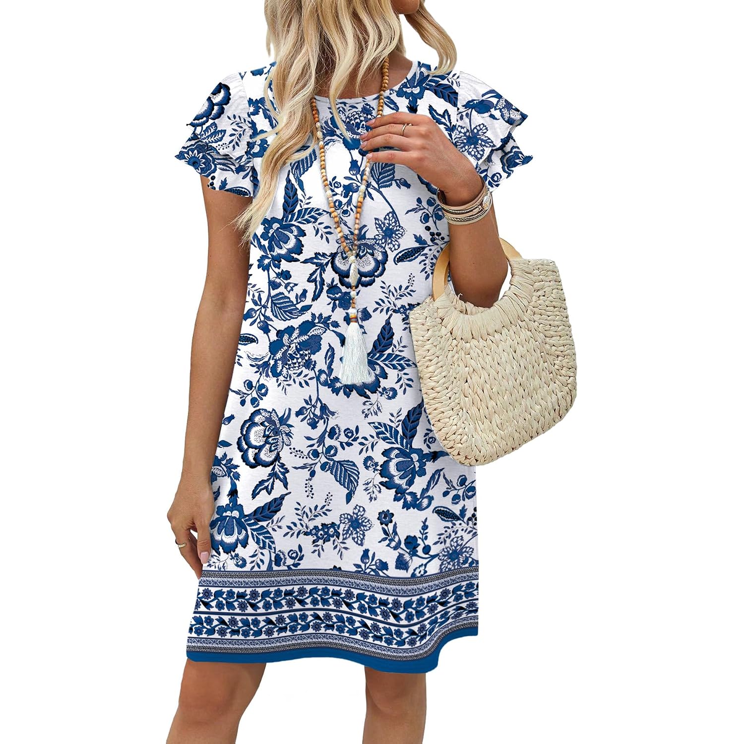 Ofeefan Womens Summer Dresses 2026 Ruffle Sleeve Round Neck Loose Swing Sundresses With Pockets Plain/Print
