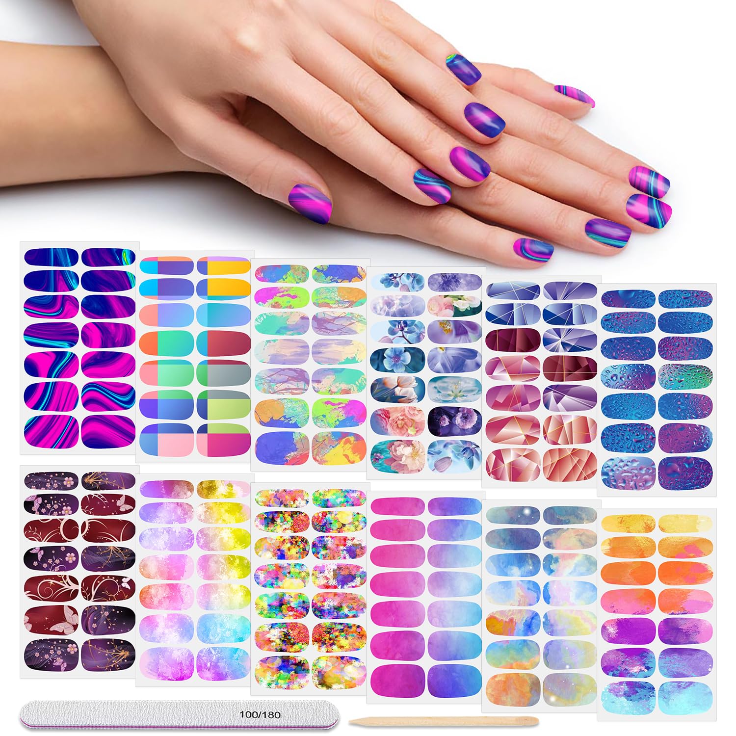 12 Sheets Nail Polish Strips Self Adhesive Gel Nail Stickers Full Nail Wraps for Women Girl Graffiti Gradient Starry Sky Nails Design Gel Strips Manicure Nail Art Accessories