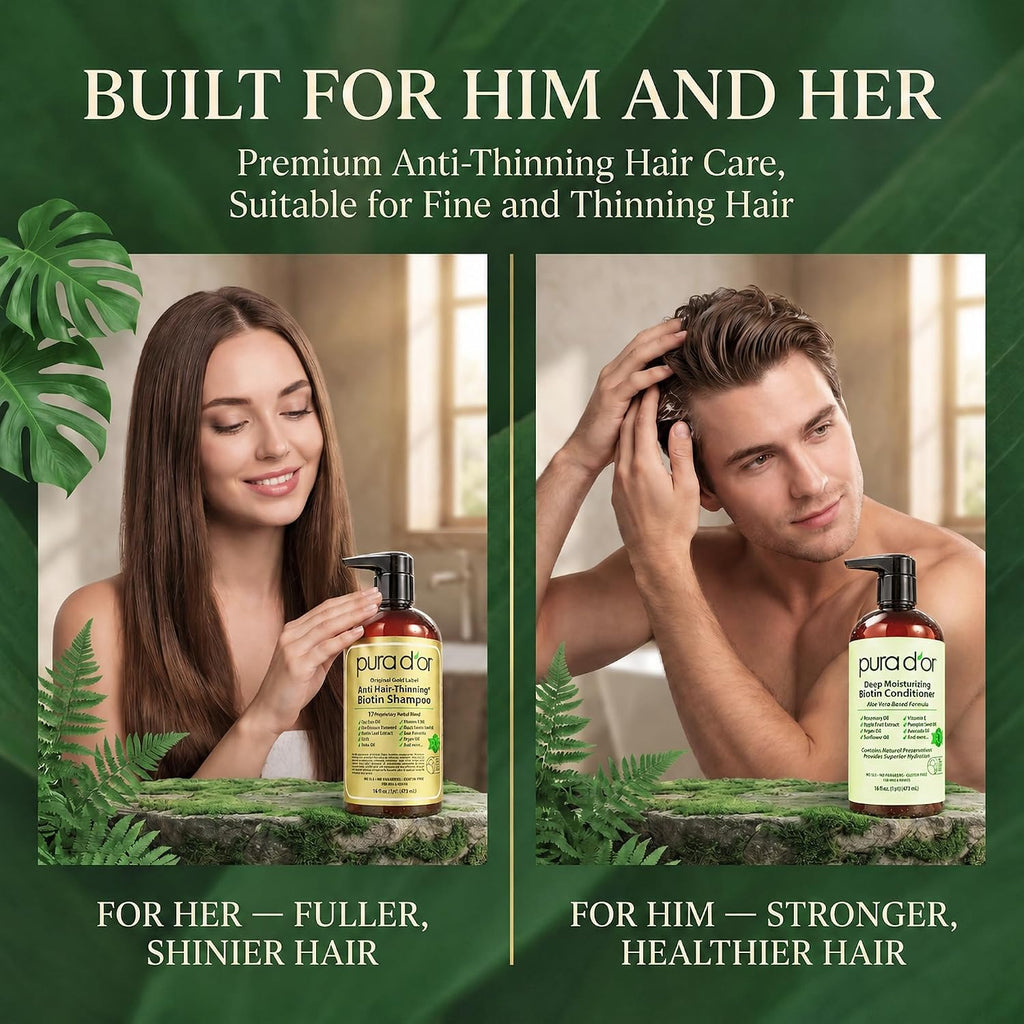 Pura D'Or Anti-Thinning Biotin Shampoo & Hair Regrowth Conditioner, Clinically Tested Effective Results, Thickening Herbal Blend For Women & Men, Original Gold Label Set, Natural Earthy Scent, 16Oz X2